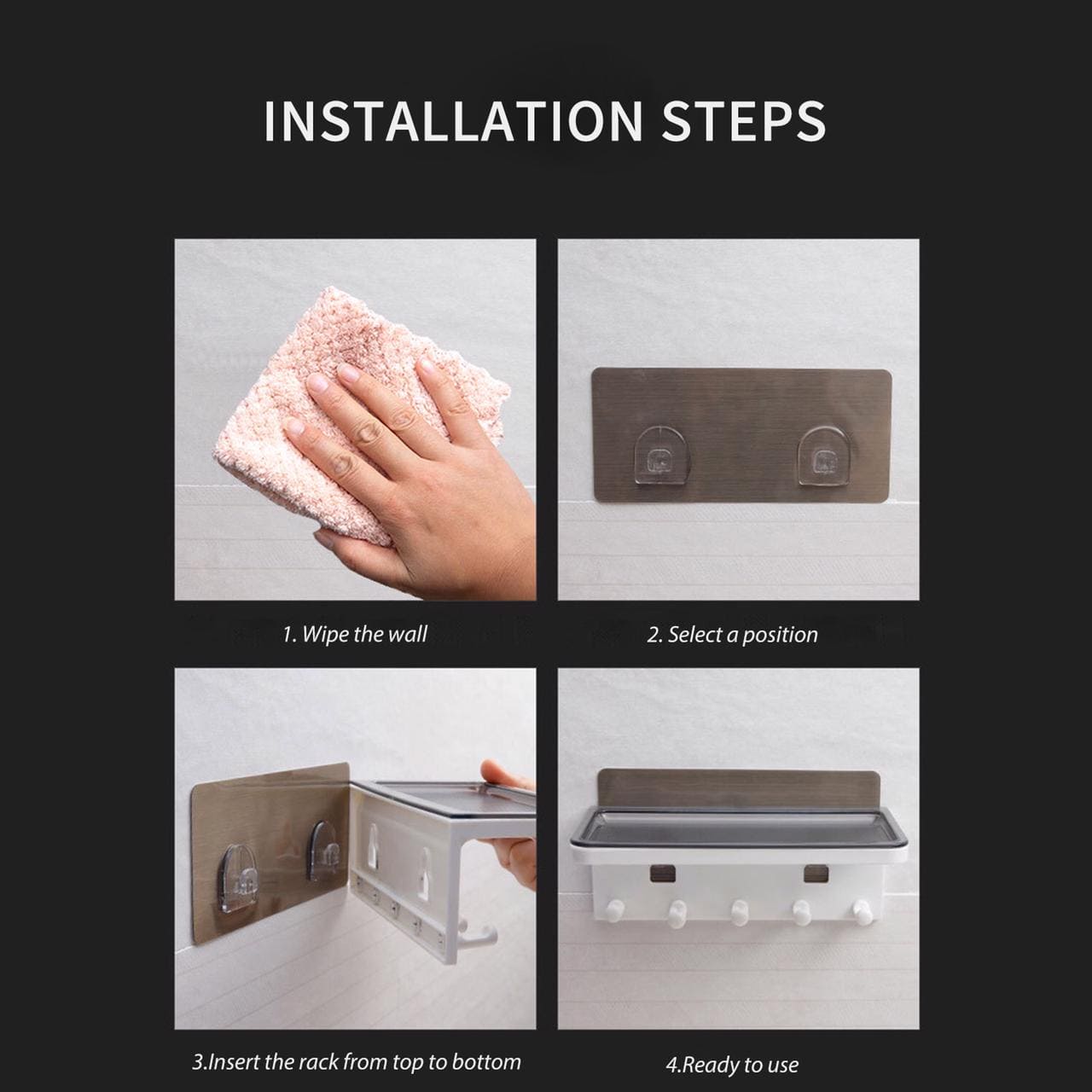 Self Adhesive Wall Storage Shelf with Hooks, Wall Mounted Organizer, No Drilling Hook Rack Storage Basket, Kitchen Storage Rack Self Adhesive Wall Storage Shelf with Hooks, Wall Mounted Organizer, No Drilling Hook Rack Storage Basket, Kitchen Storage Rack